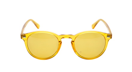 Translucent yellow round frame sunglasses with yellow tinted lenses isolated on a transparent background