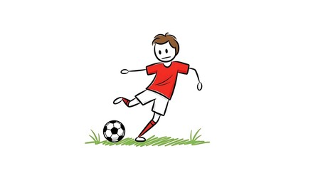 Stick Figure Soccer Player Kicking Ball with Red Shirt.
