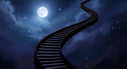 Ethereal Stairway Ascending Under Full Moon in Starry Night Sky