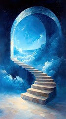 A stone staircase leads upwards through a cloudy, blue sky, framed by a dark archway, suggesting a path to a higher realm or destination.