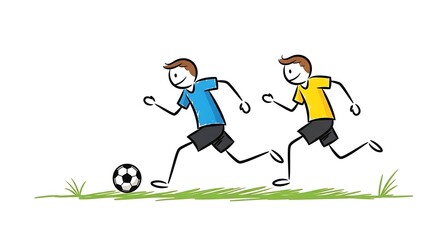 Stick Figure Soccer Players in Action on Green Field.