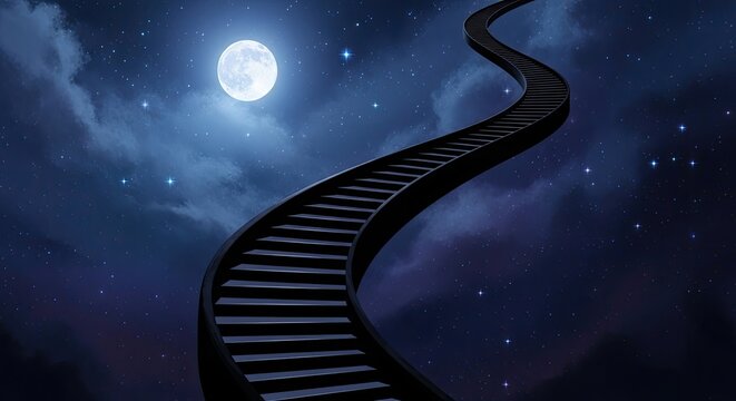 Ethereal Stairway Ascending Under Full Moon in Starry Night Sky
