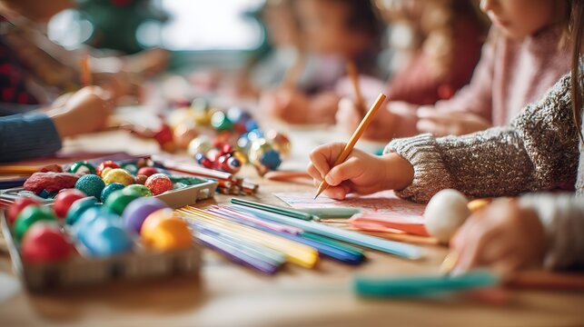Group of children are drawing and writing on a table. Scene is playful and creative, as the children are using various art supplies to express themselves. The scene suggests a fun