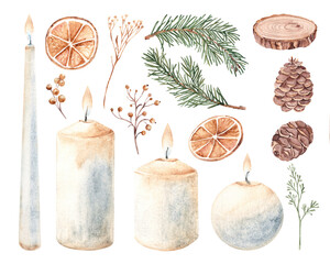 Christmas, Advent set. Candles, Winter Plants Branches and Berries, pine, fir cones and dried oranges. Watercolor hand drawn illustrations isolated on white background. Clip art for cards, posters or