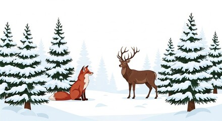 Enchanting winter scene with fox and deer in snowy forest