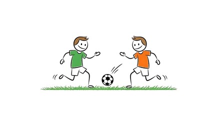 Two stick figures playing soccer on a green field.