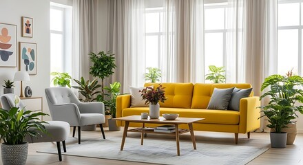 Bright and airy modern living room with yellow sofa, soft gray chairs, and plants.