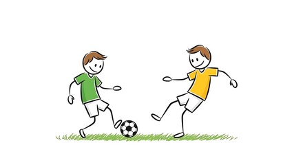 Two Stick Figures Playing Soccer on a White Background.