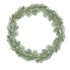 Watercolor fir, pine branches wreath. Hand drawn watercolor illustration of evergreen winter plant. Perfect for Christmas or New Year design, winter decoration, invitations, cards and products.