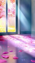 Sunlight streams through a window onto a floor covered in pink flower petals, creating a magical, dreamy atmosphere.