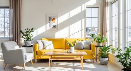Sunlit modern living room with bright yellow sofa and inviting neutral tones and plants.