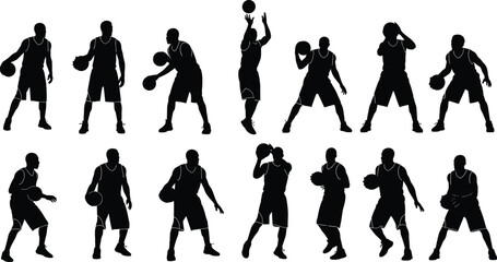 Collection of black silhouettes of basketball players in action, including dribbling and shooting poses, isolated on a white background.