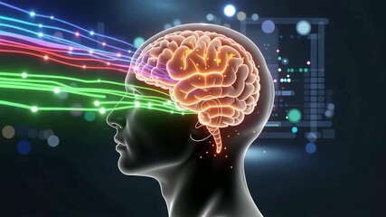 A digital illustration of a human head with colorful neural pathways representing brain activity and connectivity in a high-tech environment - Powered by Adobe