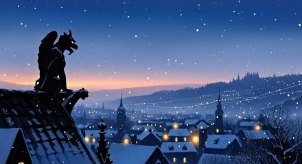 Gargoyle Silhouette on Roof at Night Over Snowy Town