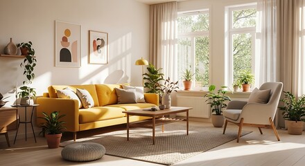 Bright and airy modern living room with a vibrant yellow sofa and lush greenery.