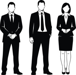 Corporate business team standing, two men and one woman wearing suits, professional staff vector illustration, executive group, black and white art