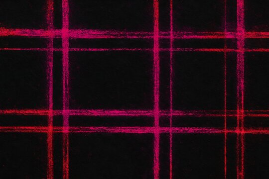 Neon pink and red glowing plaid grid on black grunge background