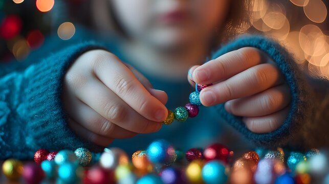 Child is playing with a bunch of colorful beads. The child is holding the beads in their hands and he is enjoying the activity. Concept of playfulness and creativity