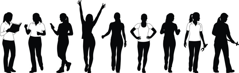 Diverse women silhouettes representing various careers and lifestyles, female professions vector illustration isolated on white, education, fitness and labor.