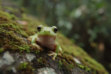 Close up of a vibrant green frog resting on a moss covered rock surface