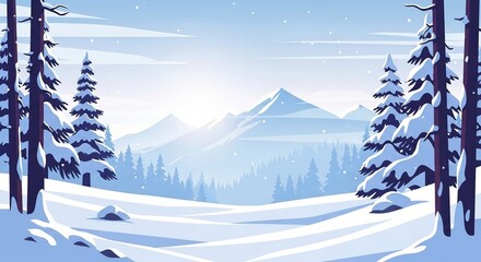 Serene Winter Wonderland Landscape with Snow Covered Mountains and Evergreen Trees