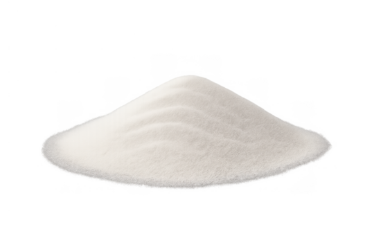 White sugar powder heap isolated on transparent background, granular texture for baking and cooking concepts