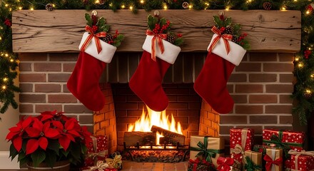 Cozy christmas stockings hung by the fireplace with gifts and poinsettias