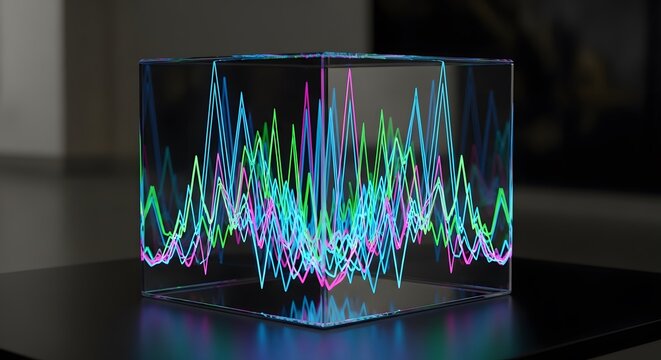 Visualizing Data: Neon Waveforms in a Transparent Cube - Powered by Adobe