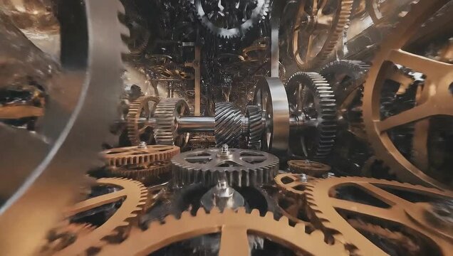Complete mechanical gears in continuous motion viewed from inside the mechanism - generative AI