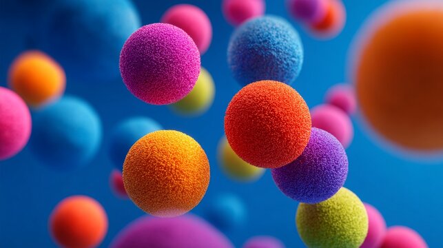Vibrant 3D spheres in rich colors float against a deep blue background, creating a mesmerizing abstract composition of textured, glowing orbs. - Powered by Adobe