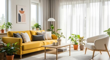 Bright and airy modern living room with a comfortable yellow sofa and plants.