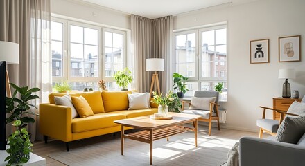 Bright and airy modern living room features a vibrant yellow sofa and neutral decor.