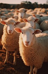 Fototapeta premium Close up of sheep in a group warm tones and sunlight