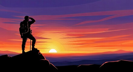 Obraz premium Hiker Silhouette at Sunset on Mountain Top with Poles