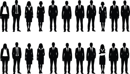 Large group of business people silhouettes standing in rows, men and women in suits, corporate team vector illustration, professional staff collection