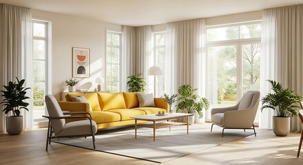 Bright and airy modern living room featuring a vibrant yellow sofa and neutral accents.