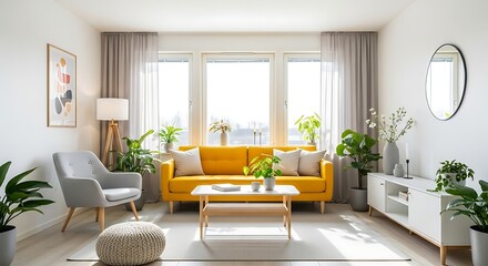 Bright and airy living room showcases a yellow sofa and an array of green houseplants.