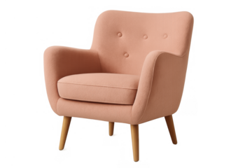 Pink mid-century modern armchair featuring tufted upholstered backrest and wooden legs, on transparent background