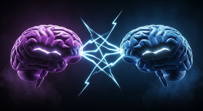 Two glowing brains facing each other with electric energy connecting them