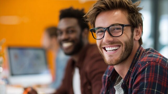 Diverse team of young professionals sharing a moment of joy and collaboration in a modern, vibrant workspace with infectious positive energy