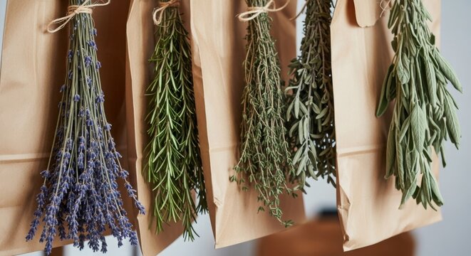 Herbs drying, hanging in paper bags, showcase a natural preservation method. Drying herbs preserves freshness and aroma for culinary use, adding flavor to dishes.