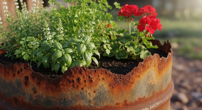 Rustic flower pot with vibrant geraniums, fresh basil, and oregano herbs. Flower pot made of aged metal with plants thrives in sunlight, creating natural contrast.