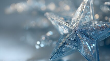 Star made of glitter is floating in the air. The star is surrounded by a blue background