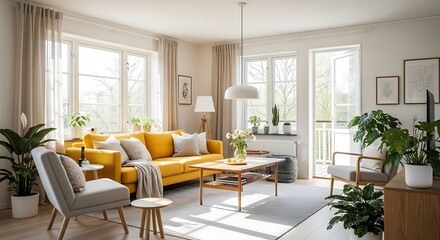 Bright and airy modern living room with yellow sofa and natural light pouring in windows.