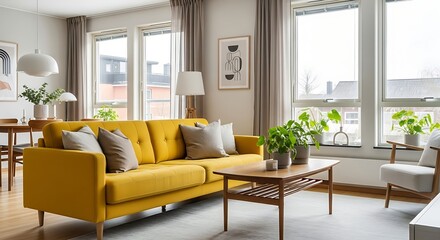 Warm, inviting modern living room with a yellow sofa and natural light shining through windows.