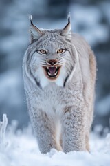 Obraz premium Close up portrait of a lynx displaying teeth in a snowy winter landscape