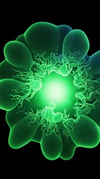 Bioluminescent organic abstract structure moving subtly with subsurface scattering effects and an internal glowing green pulse backdrop, microscopic, biological