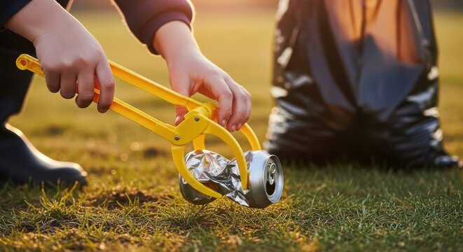 Cleaning environment involves person picking up trash outdoors with grabber tool, collecting junk into plastic bag. Cleaning environment in park shows responsible attitude toward nature,