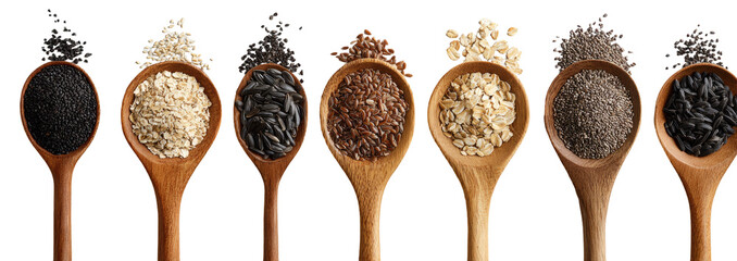 Wooden spoons holding various grains
