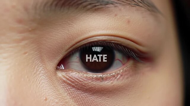 Close-up Asian eye showing "HATE" in iris, expressing emotion, used for emotional topics